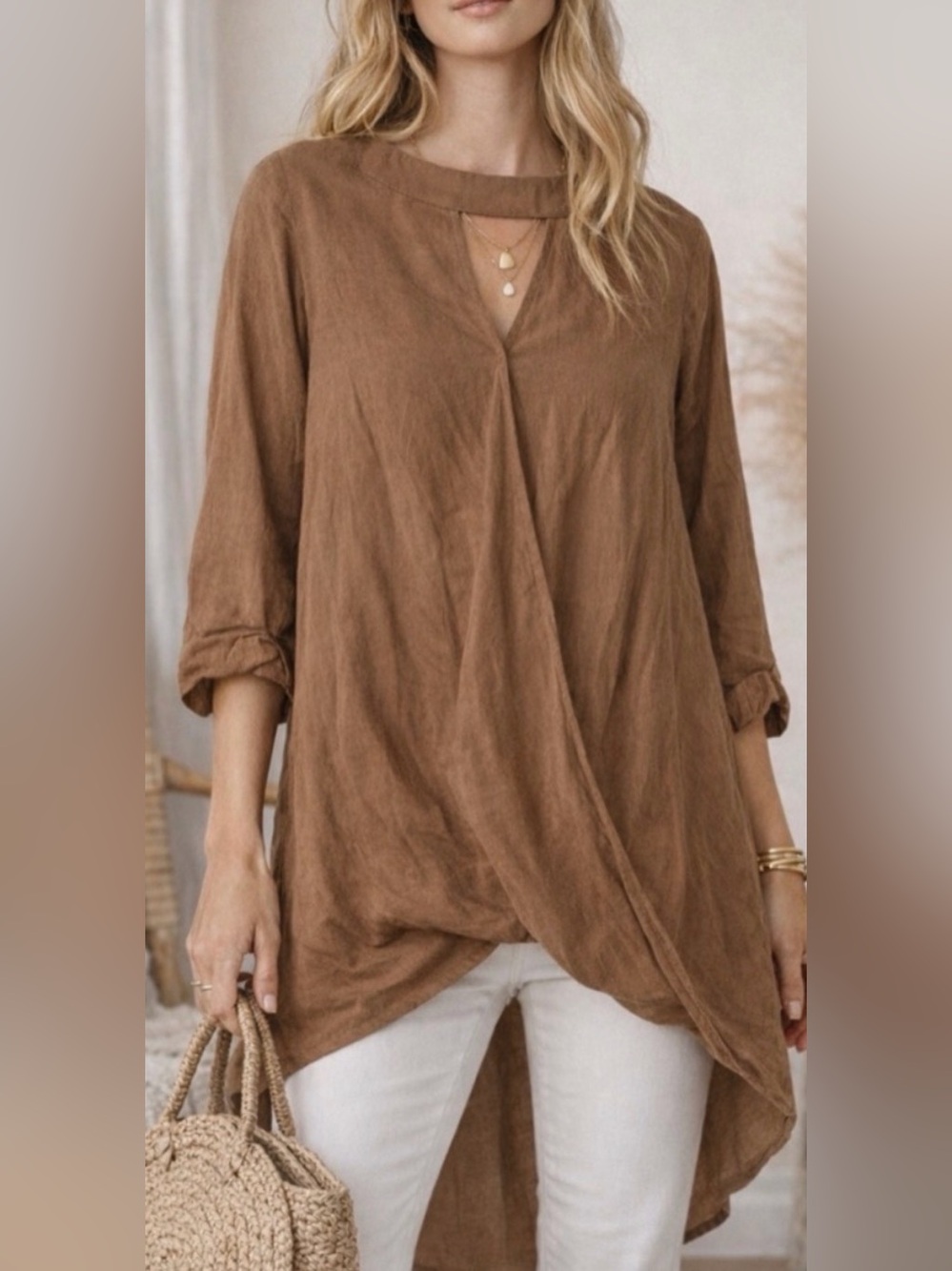 Callie Mac Brown Hi-Low Tunic | Linen Blend | Coastal Chic | Flowy Boho Top - Picture 2 of 7